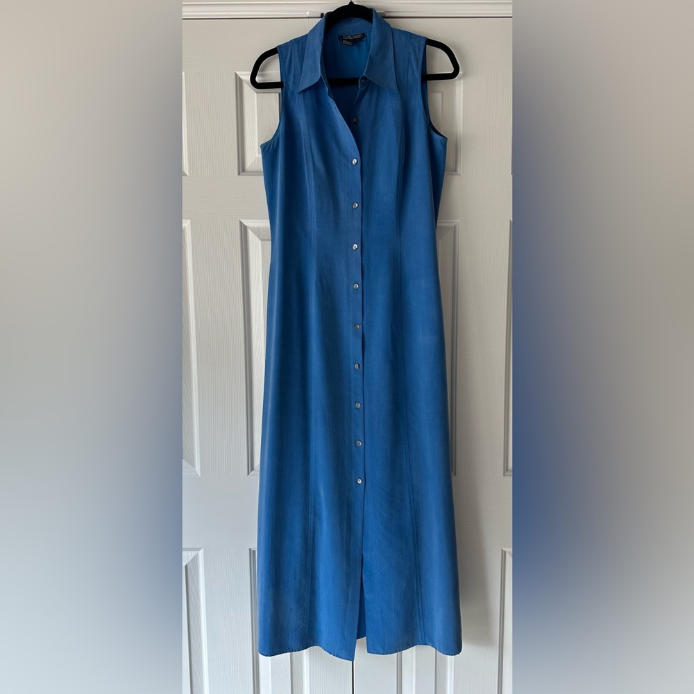 Harold’s, Blue Silk, Button Down Shirt Dress
Size 10
Very Good Condition